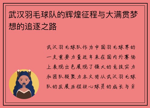 武汉羽毛球队的辉煌征程与大满贯梦想的追逐之路