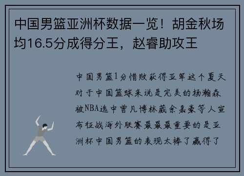 中国男篮亚洲杯数据一览！胡金秋场均16.5分成得分王，赵睿助攻王